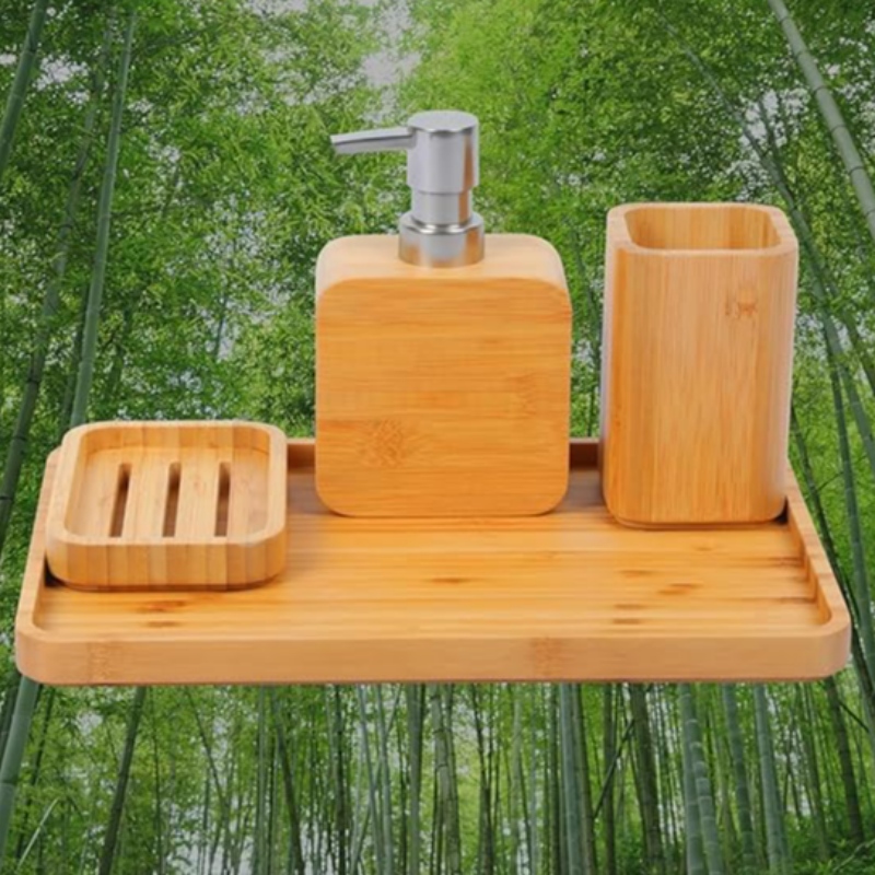 Kézzel készített bambusz mosogató&fürdőszoba kiegészítő készletek retro szett, természetes, szappanos edénytulajdonos zuhanyozáshoz, krém szappanos adagoló, szájvíz -kupa, öblítőpohár, szervező tálca szálloda, ház, iroda